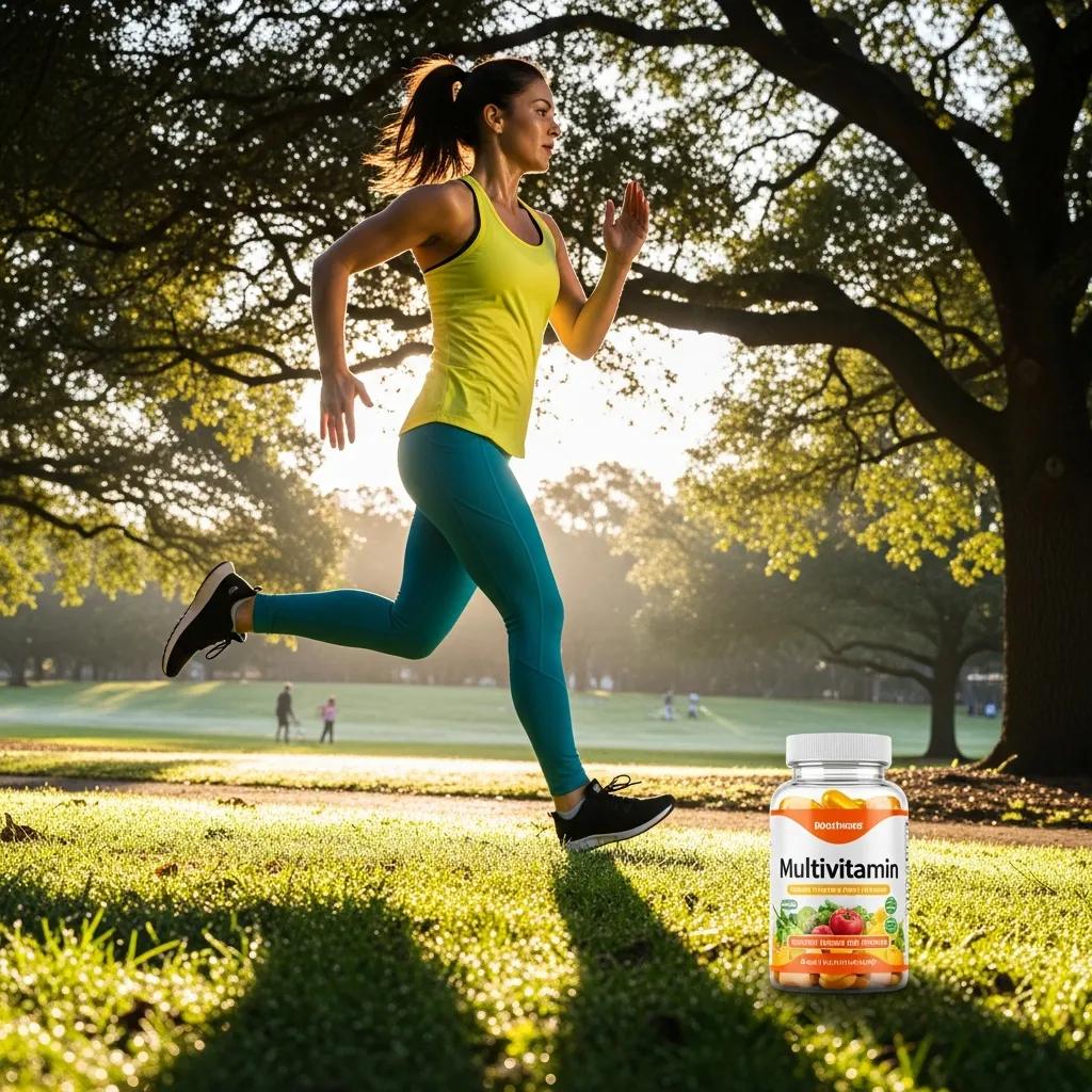 Person jogging in a park with multivitamins visible in the foreground, representing the health support provided by multivitamins