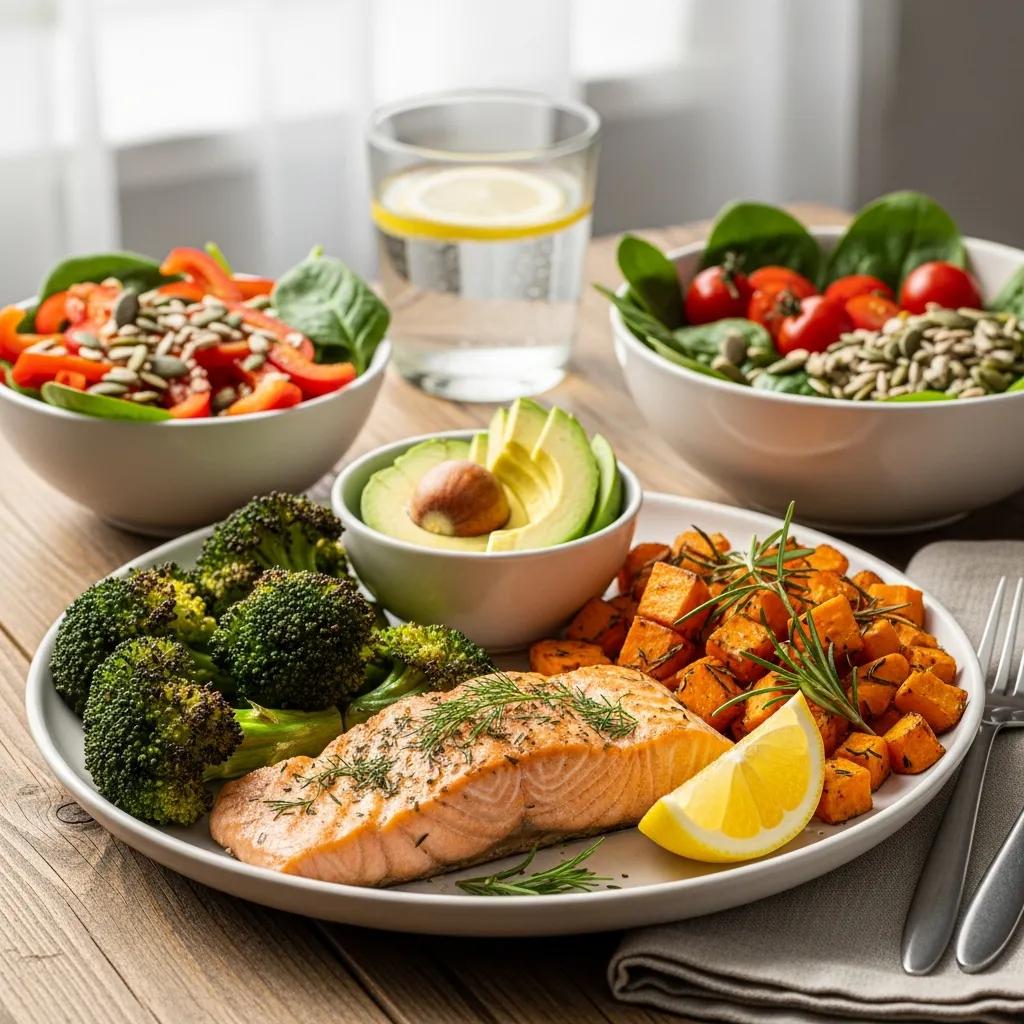 Balanced meal with healthy fats and proteins, promoting natural testosterone production