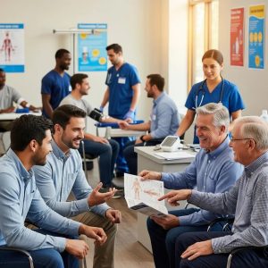 Diverse group of men engaging in health screenings, highlighting the importance of preventative care