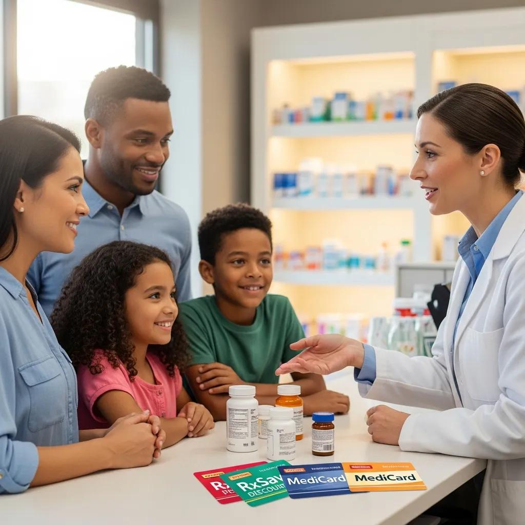 Family discussing prescription savings with a pharmacist at a community pharmacy