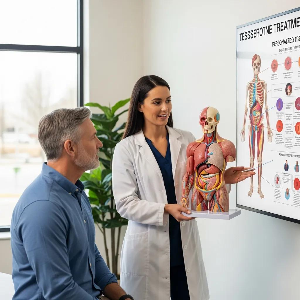 Healthcare provider discussing testosterone replacement therapy with a patient, highlighting personalized care