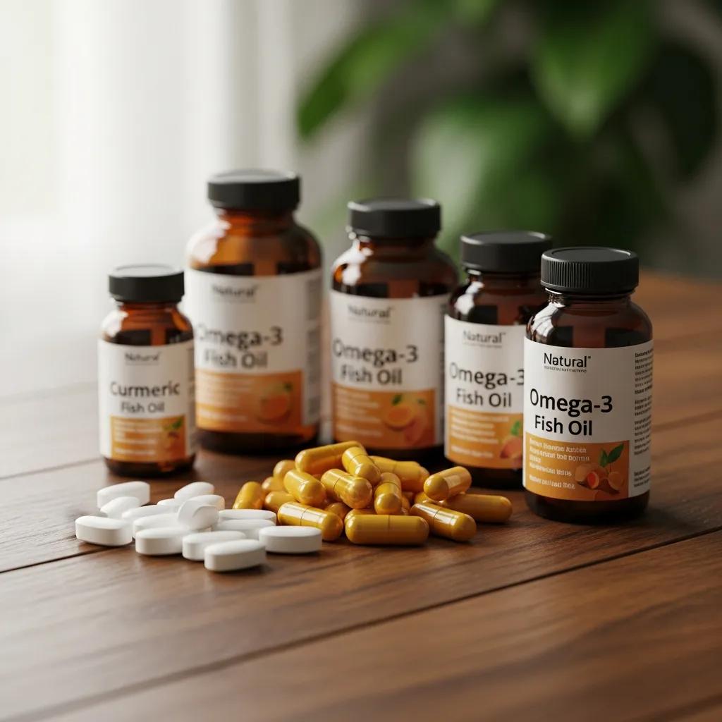 Turmeric, omega-3, and magnesium supplement bottles grouped to suggest natural choices for joint and arthritis relief