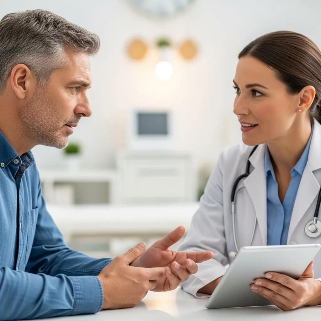 Patient talking with a clinician about prostate enlargement and urinary symptoms