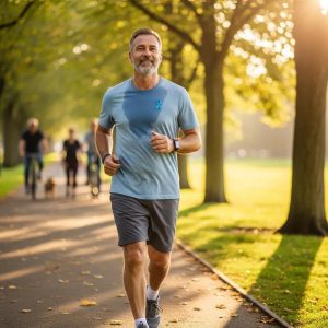 Middle-aged man jogging in a park, symbolizing proactive prostate health management