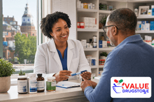 Pharmacist in a white coat smiles at a customer while explaining with a blue marker in hand at a pharmacy counter, logo visible on the counter panel.